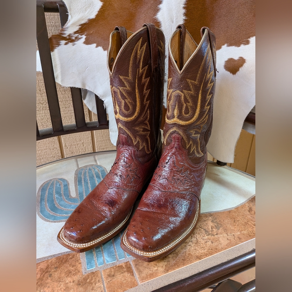 Lucchese 2000 Brown Ostrich Leather Mid Calf Pull On Western Boots Size 7 1/2 D